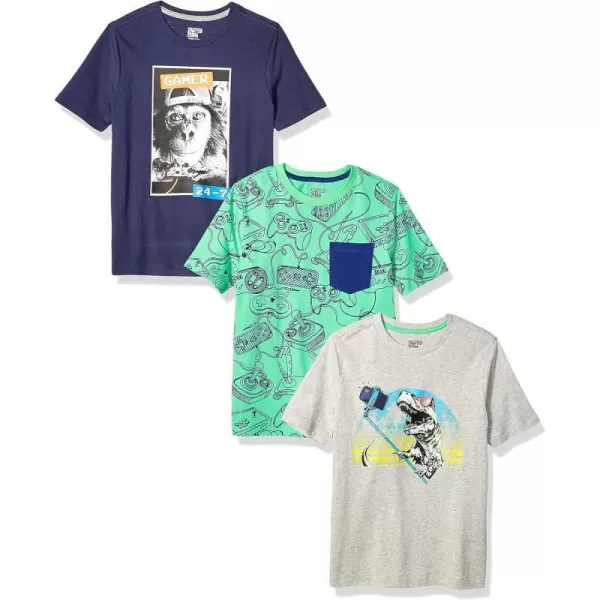 Amazon Essentials Boys and Toddlers ShortSleeve TShirts Previously Spotted Zebra Multipacks3 Grey DinosaurMint GreenNavy Video Gamer Print