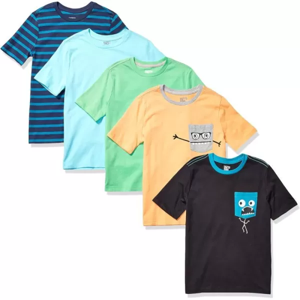 Amazon Essentials Boys and Toddlers ShortSleeve TShirts Previously Spotted Zebra Multipacks5 MulticolorMonstersStripe