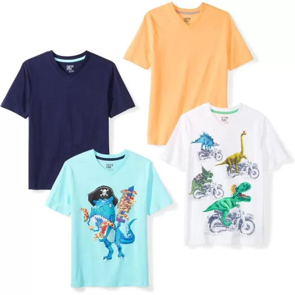 Amazon Essentials Boys and Toddlers ShortSleeve VNeck TShirt Tops Previously Spotted Zebra Multipacks4 NavyBlueWhite Dinosaur