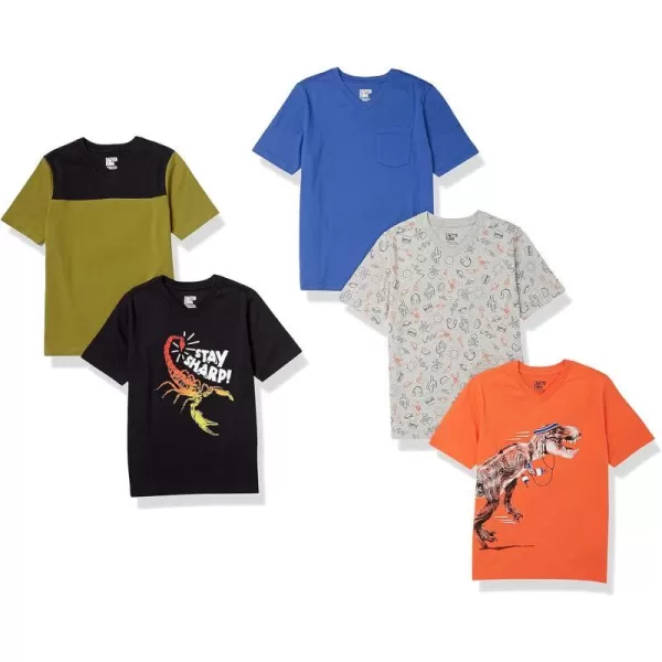 Amazon Essentials Boys and Toddlers ShortSleeve VNeck TShirt Tops Previously Spotted Zebra Multipacks5 BlueBlackOrange Dinosaur