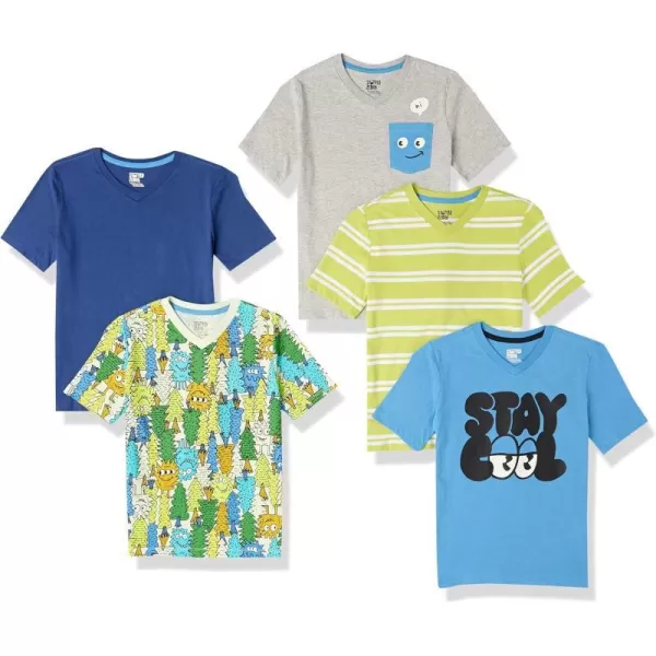 Amazon Essentials Boys and Toddlers ShortSleeve VNeck TShirt Tops Previously Spotted Zebra Multipacks5 BlueGrey Color BlockIvory MonsterNavyNeon Yellow Stripe