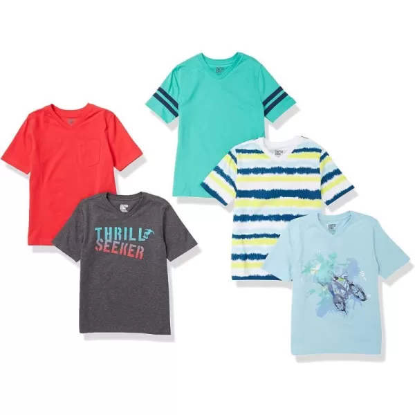 Amazon Essentials Boys and Toddlers ShortSleeve VNeck TShirt Tops Previously Spotted Zebra Multipacks5 GreenCharcoalBlue Bmx Print