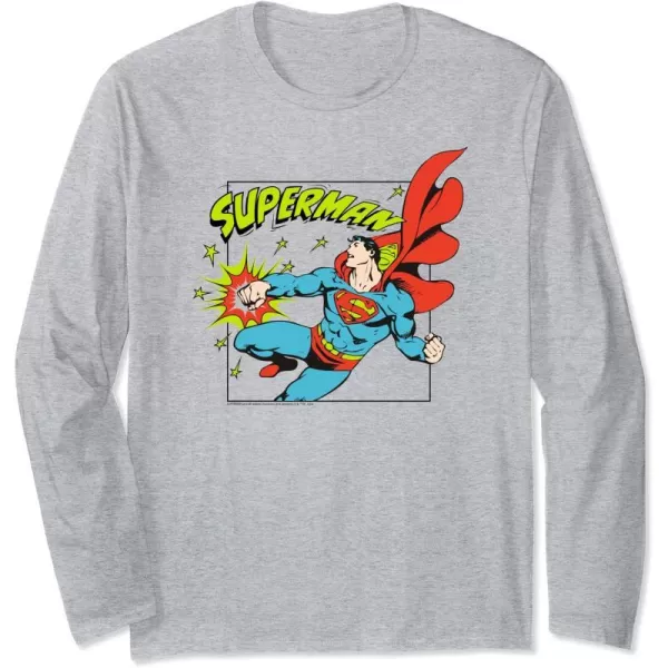 Amazon Essentials DC Comics Superman Action Punch Comic Square Long Sleeve TShirtHeather Grey