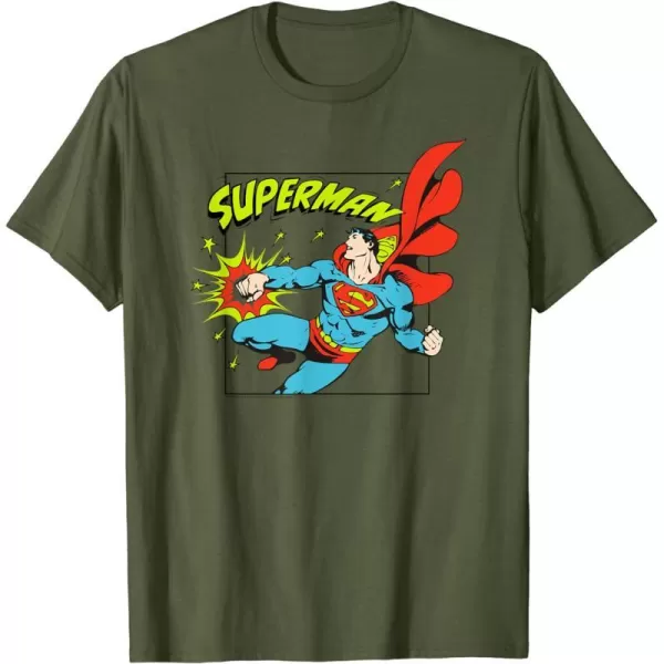 Amazon Essentials DC Comics Superman Action Punch Comic Square TShirtOlive Green