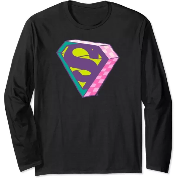 Amazon Essentials DC Comics Superman Bright Checkerboard 3D Logo Long Sleeve TShirtBlack