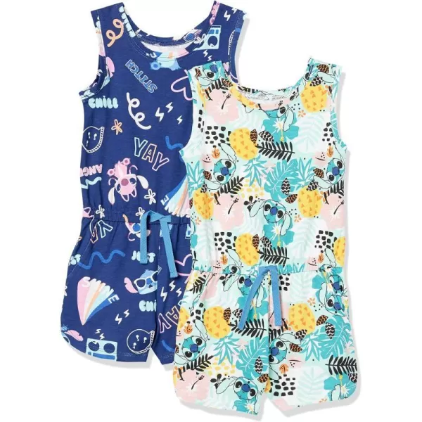 Amazon Essentials Disney  Marvel  Star Wars  Frozen  Princess Girls and Toddlers Knit Sleeveless Rompers Pack of 2Tropical Stitch