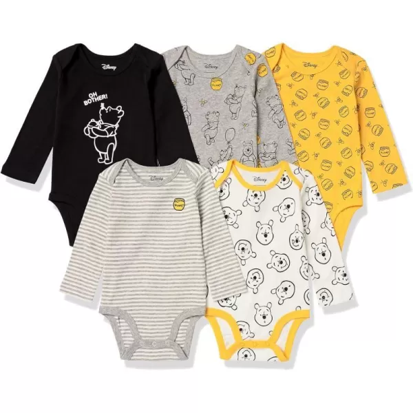 Amazon Essentials Disney  Marvel  Star Wars Baby Boys LongSleeve Bodysuits Pack of 5Winnie the Pooh Oh Bother