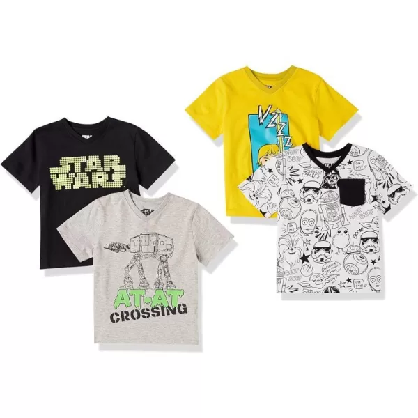 Amazon Essentials Disney  Marvel  Star Wars Boys ShortSleeve VNeck TShirts Previously Spotted Zebra Pack of 4Star Wars PrintDoodles