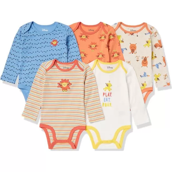 Amazon Essentials Disney  Marvel  Star Wars Unisex Babies LongSleeve Bodysuits Pack of 5Lion King Play Eat Roar