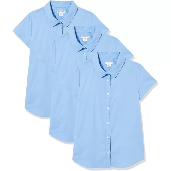 Amazon Essentials Girls Uniform Short Sleeve Stretch Poplin ButtonDown Shirts Pack of 3Blue