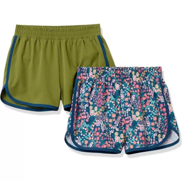 Amazon Essentials Girls and Toddlers Active Running Short Pack of 2Olive Floral