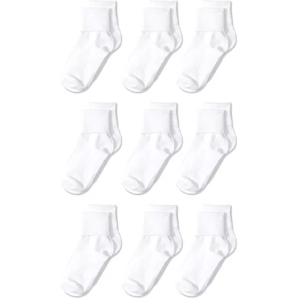 Amazon Essentials Girls and Toddlers Cotton Uniform Turn Cuff Sock 9 PairsWhite