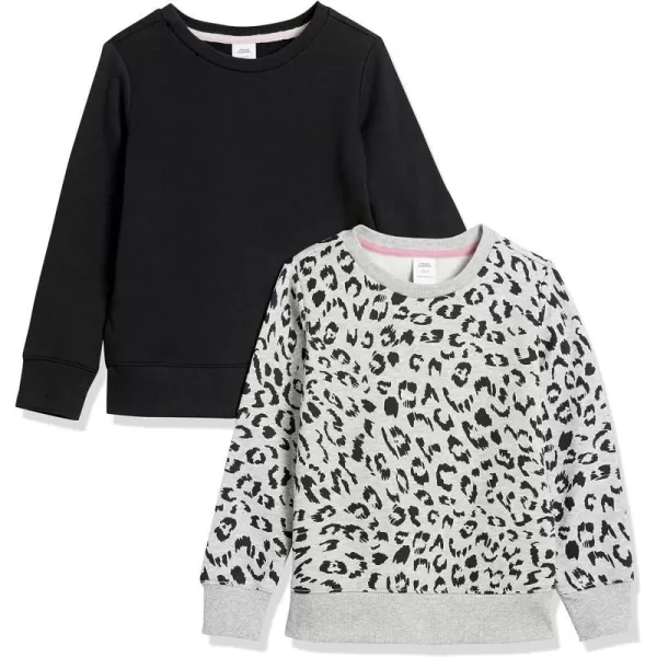 Amazon Essentials Girls and Toddlers Fleece CrewNeck Sweatshirts Pack of 2BlackLight Grey Heather Cheetah