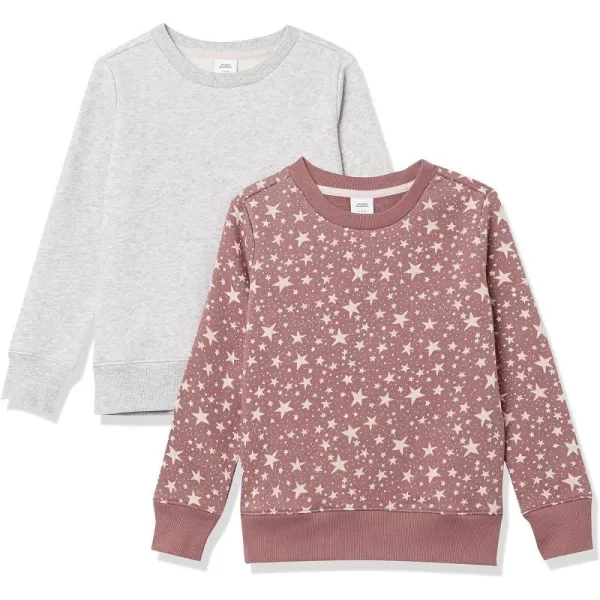 Amazon Essentials Girls and Toddlers Fleece CrewNeck Sweatshirts Pack of 2Light Grey HeatherMauve Stars