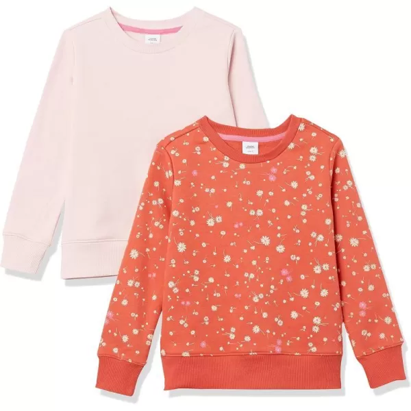 Amazon Essentials Girls and Toddlers Fleece CrewNeck Sweatshirts Pack of 2Light MauveOrange Floral