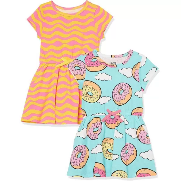 Amazon Essentials Girls and Toddlers Knit ShortSleeve CinchWaist Dresses Previously Spotted Zebra Pack of 2Blue DonutPink Waves