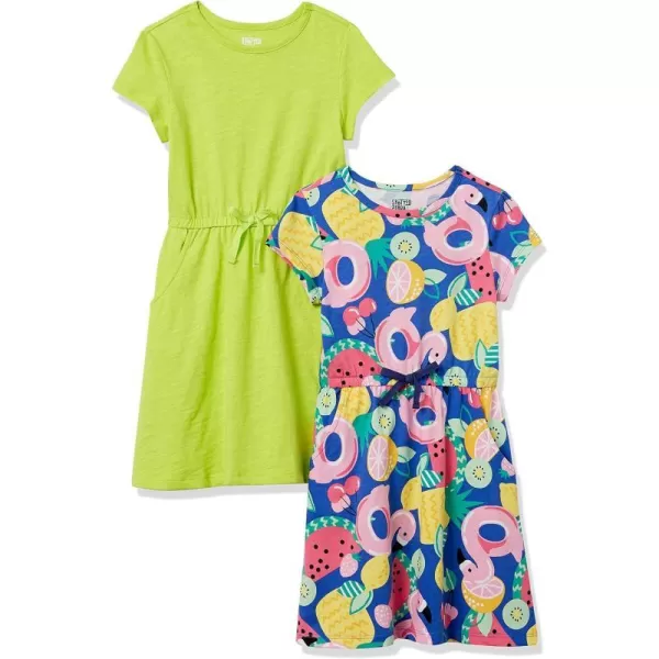 Amazon Essentials Girls and Toddlers Knit ShortSleeve CinchWaist Dresses Previously Spotted Zebra Pack of 2Blue FruitLime Green