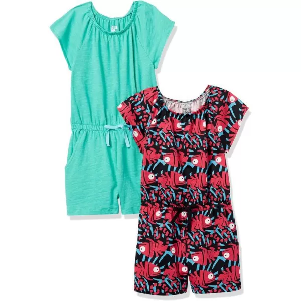 Amazon Essentials Girls and Toddlers Knit ShortSleeve Rompers Previously Spotted Zebra Pack of 2Aqua GreenBlack Chameleon