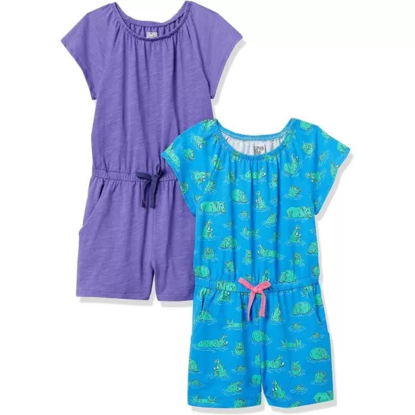 Amazon Essentials Girls and Toddlers Knit ShortSleeve Rompers Previously Spotted Zebra Pack of 2PurpleBlue