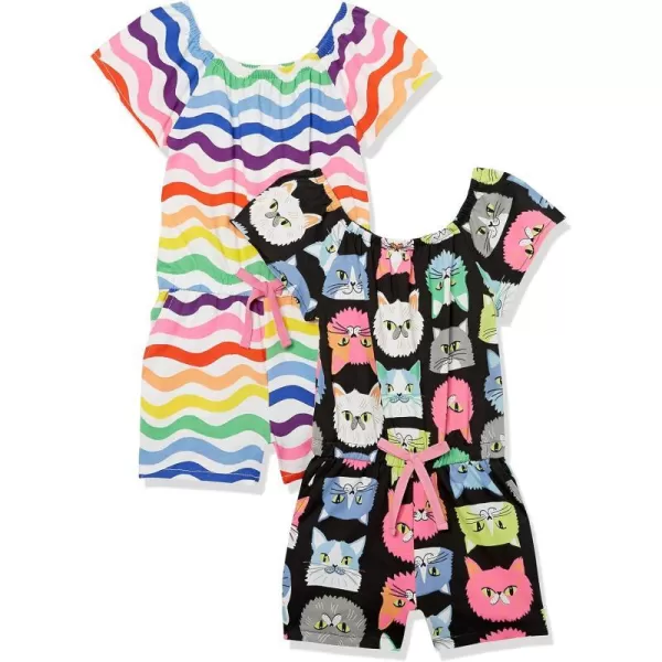 Amazon Essentials Girls and Toddlers Knit ShortSleeve Rompers Previously Spotted Zebra Pack of 2RainbowStripeCat