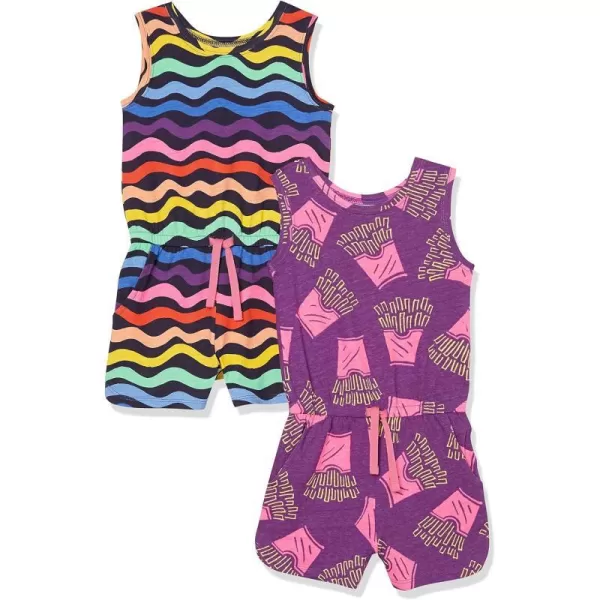 Amazon Essentials Girls and Toddlers Knit Sleeveless Rompers Previously Spotted Zebra Pack of 2FriesRainbowStripe