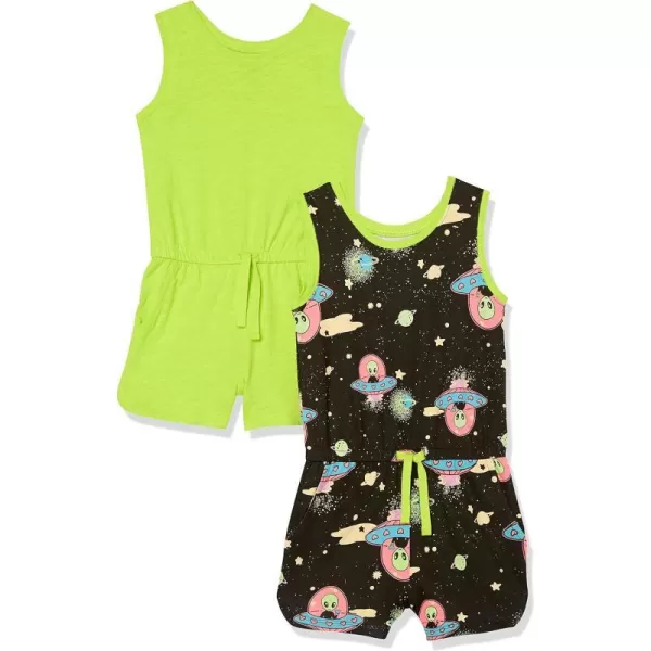 Amazon Essentials Girls and Toddlers Knit Sleeveless Rompers Previously Spotted Zebra Pack of 2Neon Lime GreenAliens