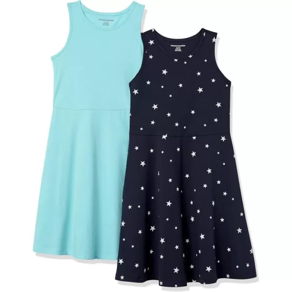 Amazon Essentials Girls and Toddlers Knit Sleeveless Tank Play Dress Pack of 2Aqua BlueNavy Stars