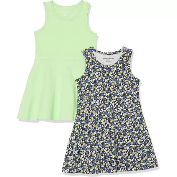 Amazon Essentials Girls and Toddlers Knit Sleeveless Tank Play Dress Pack of 2Blue FloralLime Green