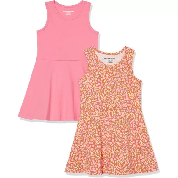 Amazon Essentials Girls and Toddlers Knit Sleeveless Tank Play Dress Pack of 2Orange FloralPink