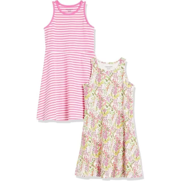 Amazon Essentials Girls and Toddlers Knit Sleeveless Tank Play Dress Pack of 2Pink StripeWhite Floral