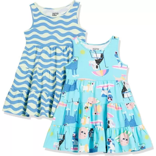 Amazon Essentials Girls and Toddlers Knit Sleeveless Tiered Dresses Previously Spotted Zebra Pack of 2Blue DogsWaves