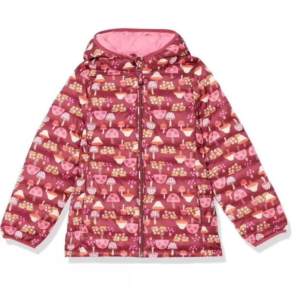 Amazon Essentials Girls and Toddlers Lightweight WaterResistant Packable Hooded Puffer JacketLight Burgundy Mushroom