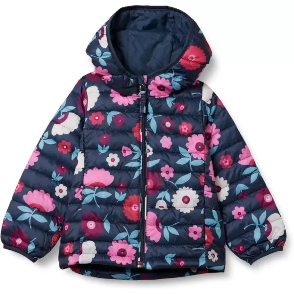 Amazon Essentials Girls and Toddlers Lightweight WaterResistant Packable Hooded Puffer JacketNavy Floral