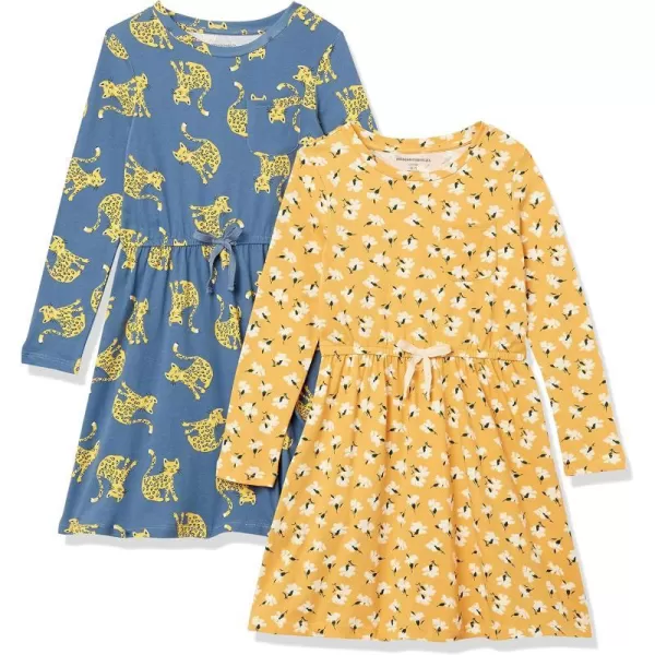 Amazon Essentials Girls and Toddlers LongSleeve Elastic Waist TShirt DressBlue CatYellow Floral