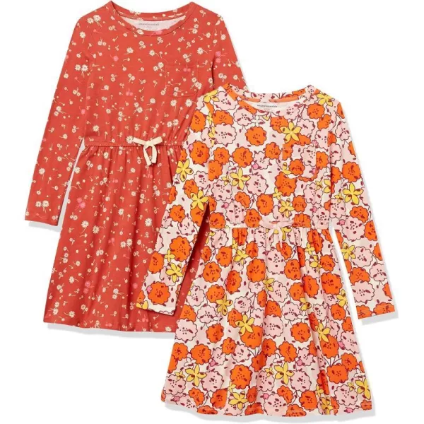 Amazon Essentials Girls and Toddlers LongSleeve Elastic Waist TShirt DressOrange DitsyPink Floral