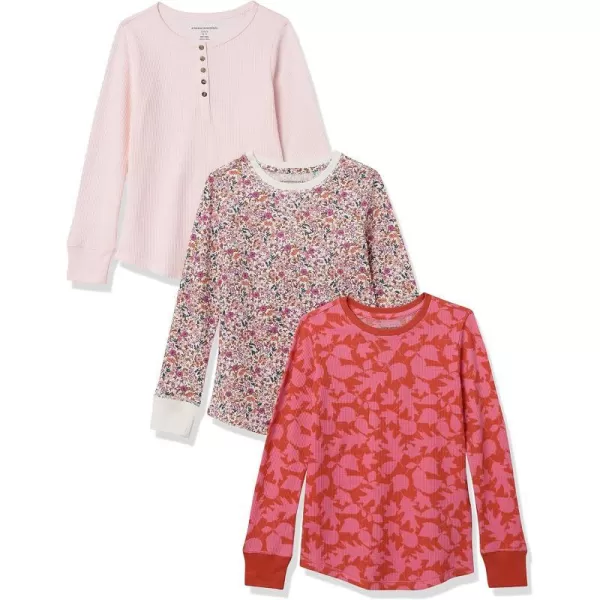 Amazon Essentials Girls and Toddlers LongSleeve Knit Thermal TShirt Pack of 3Light PinkRed LeafWhite Floral