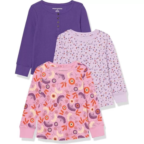 Amazon Essentials Girls and Toddlers LongSleeve Knit Thermal TShirt Pack of 3PurpleFolk Floral