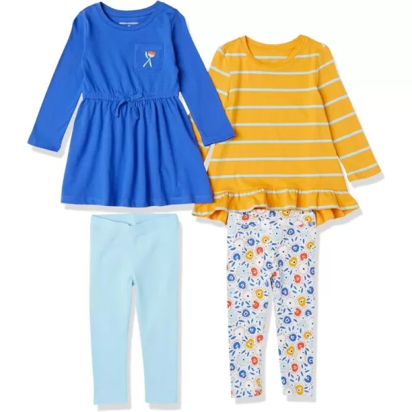 Amazon Essentials Girls and Toddlers LongSleeve Outfit Set Pack of 4BlueSky BlueWhite FloralYellow Stripe