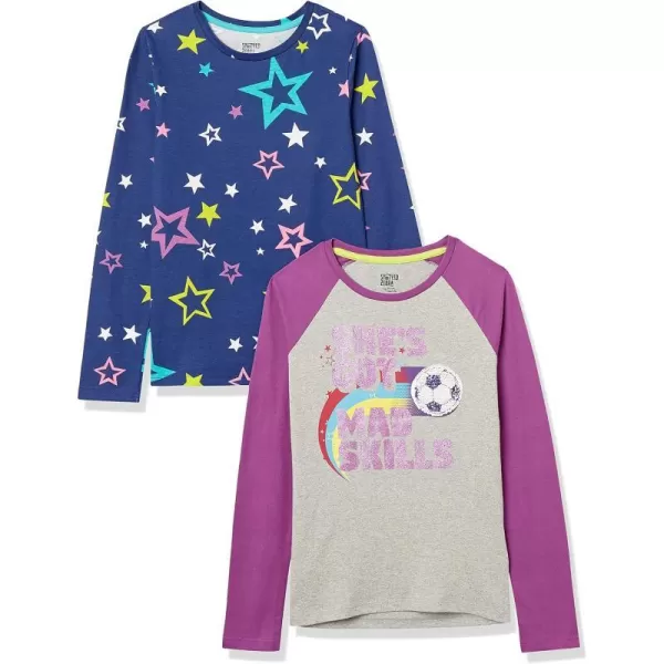 Amazon Essentials Girls and Toddlers LongSleeve TShirts Previously Spotted Zebra Multipacks2 Grey FootballNavy Stars