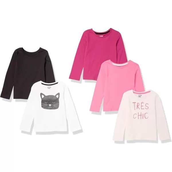 Amazon Essentials Girls and Toddlers LongSleeve TShirts Previously Spotted Zebra Multipacks5 Pink Cat