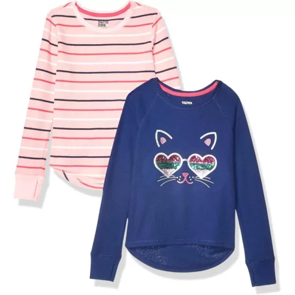 Amazon Essentials Girls and Toddlers LongSleeve Thermal TShirt Tops Previously Spotted Zebra Multipacks2 Blue CatPink Stripe