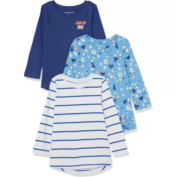 Amazon Essentials Girls and Toddlers LongSleeve Tunic TShirts Pack of 3BlueLight Blue FloralWhite Stripe