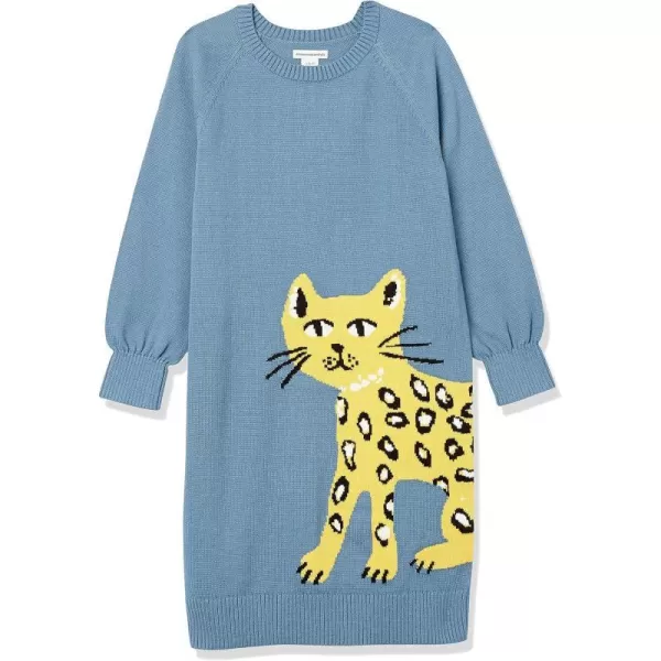 Amazon Essentials Girls and Toddlers Raglan Sweater DressBlue Cat