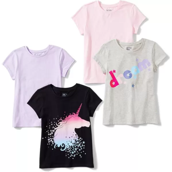 Amazon Essentials Girls and Toddlers ShortSleeve TShirt Tops Previously Spotted Zebra Multipacks4 Black UnicornGrey Text PrintLight PinkLilac