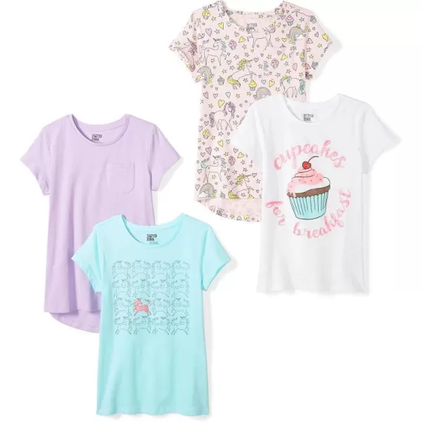 Amazon Essentials Girls and Toddlers ShortSleeve TShirt Tops Previously Spotted Zebra Multipacks4 Blue UnicornLilacPink HeartsWhite Cupcakes