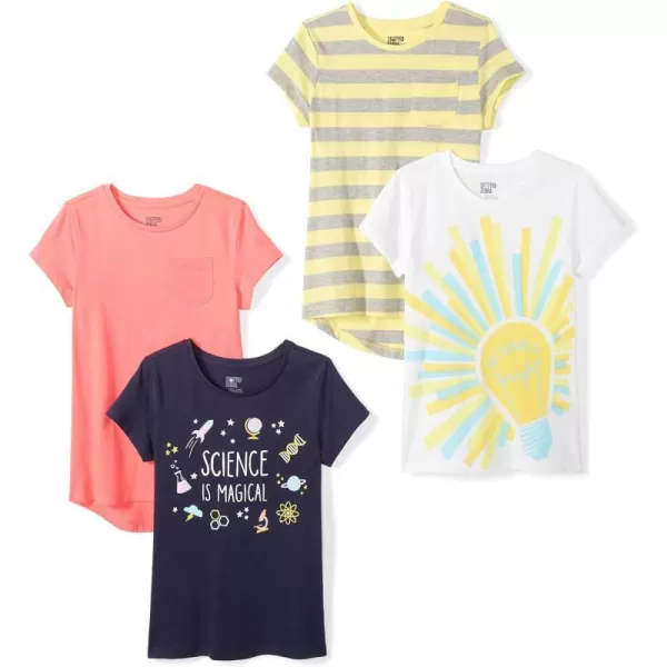 Amazon Essentials Girls and Toddlers ShortSleeve TShirt Tops Previously Spotted Zebra Multipacks4 Navy ScienceOrangeWhite FutureYellow Stripe