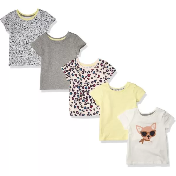 Amazon Essentials Girls and Toddlers ShortSleeve TShirt Tops Previously Spotted Zebra Multipacks5 Animal PrintGreyYellowWhite