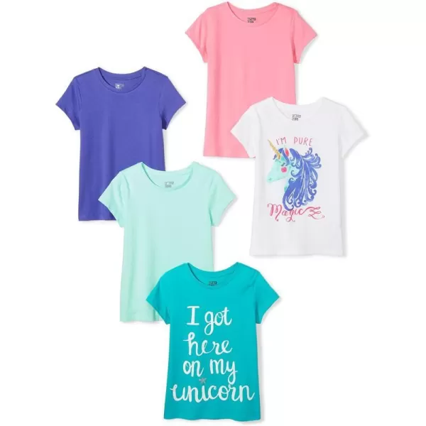 Amazon Essentials Girls and Toddlers ShortSleeve TShirt Tops Previously Spotted Zebra Multipacks5 Aqua GreenBluePinkText PrintWhite Unicorn