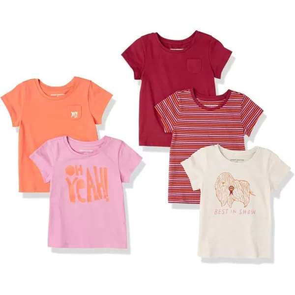 Amazon Essentials Girls and Toddlers ShortSleeve TShirt Tops Previously Spotted Zebra Multipacks5 Beige Dog PrintBurgundyOrangePink Text PrintStripe