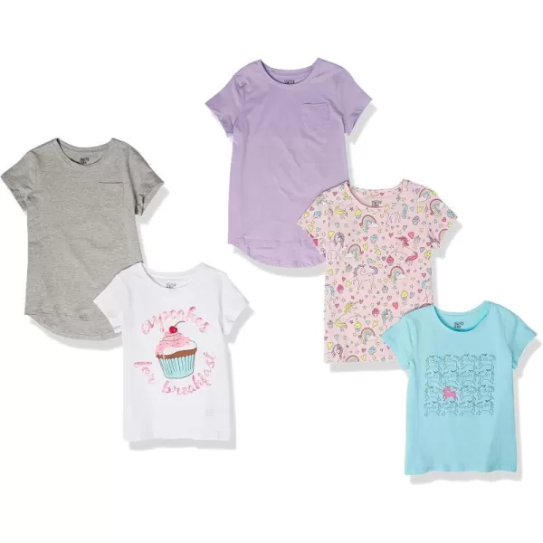 Amazon Essentials Girls and Toddlers ShortSleeve TShirt Tops Previously Spotted Zebra Multipacks5 GreyLight Blue UnicornLight Pink HeartsLilacWhite Cupcakes